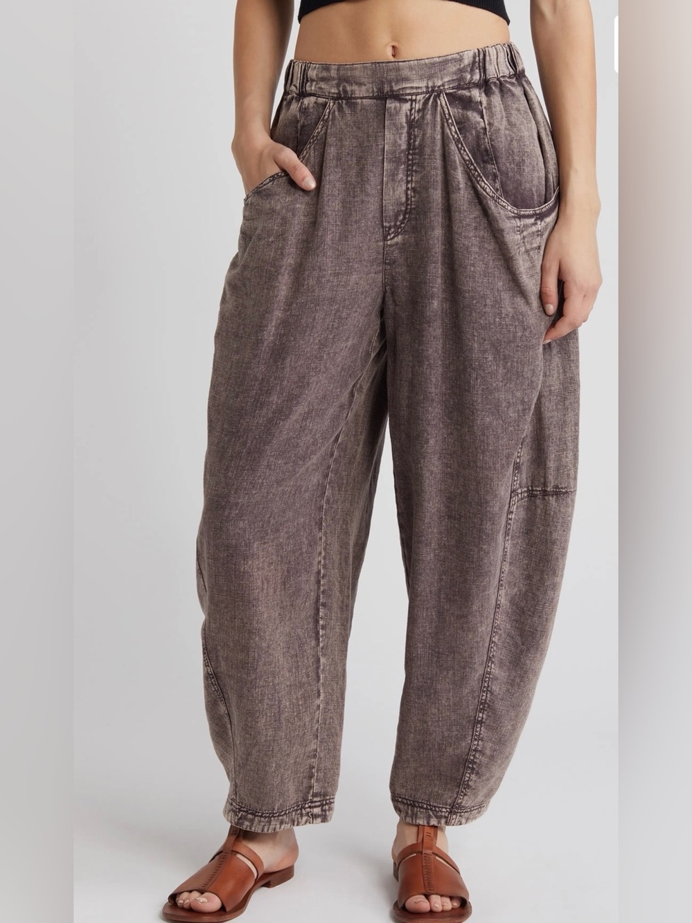 Free People Washed Linen Blend Barrel Pants Gray XS NWT Balloon Boho Pockets